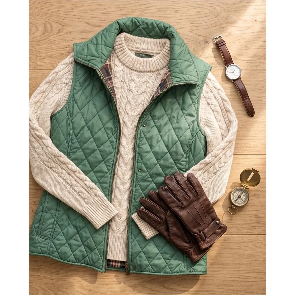 L.L.Bean‎ Quilted Vest Women Small Green Excellent Plaid Lined Corduroy Trim